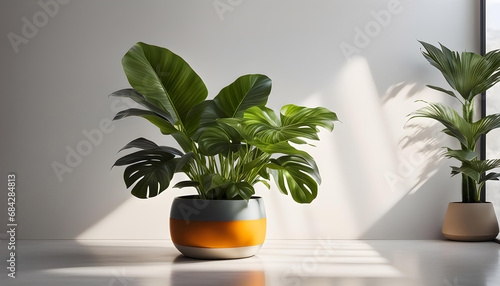 Exotic home flower in a pot on a white background with copy space. Advanced interior design of modern room,