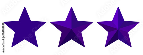 Graphic elements of three purple stars – One star in a 2D plane and two stars with 3D effects