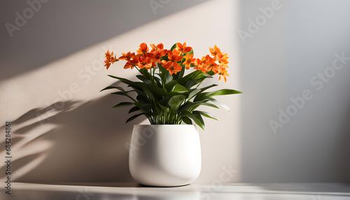 Exotic home flower in a pot on a white background with copy space. Advanced interior design of modern room,