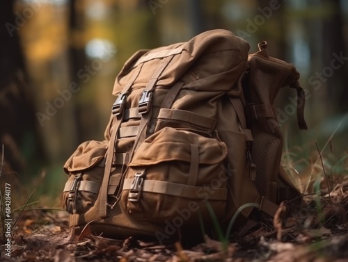 Brown military backpack close-up on the background of nature. Soldier's personal belongings. AI generative.