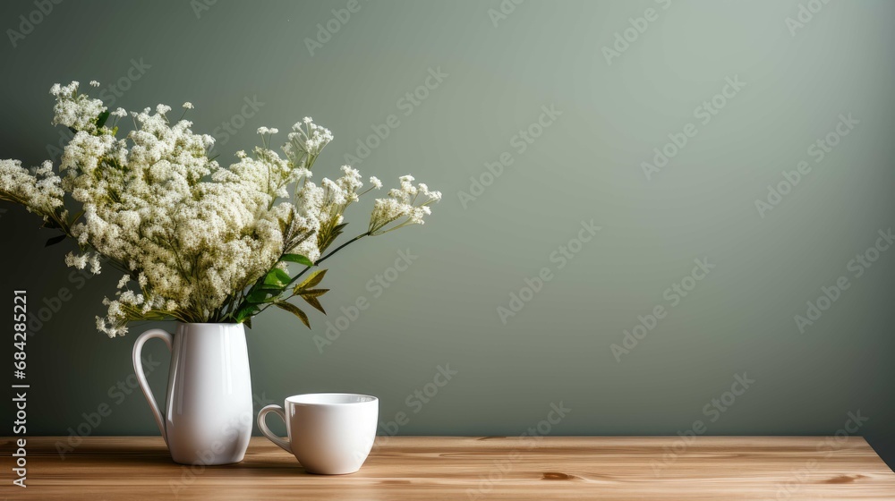 flower decor in modern interior - wooden table with vase near empty wall, home background with copy space - obrazy, fototapety, plakaty 