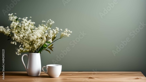 flower decor in modern interior - wooden table with vase near empty wall, home background with copy space