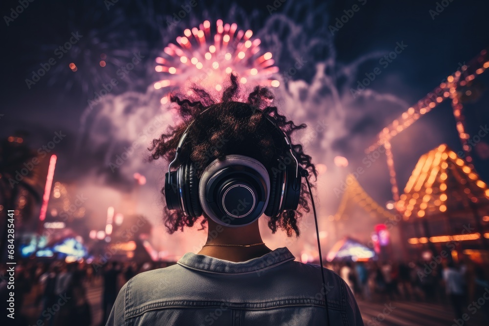 Woman at music festival with fire work. Generative AI Woman at music festival with fire work. Generative AI