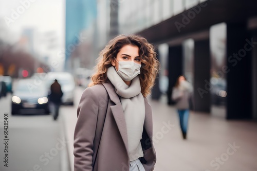 American woman wearing a mask walks on the street