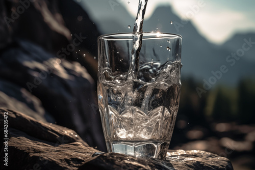 Drink water pouring in to glass mug on rock mountains background. Fresh water in glass tumbler in mountains travel. Mineral water in highball tumbler with splash. Mountain water in glass mug.