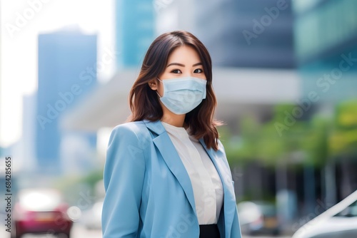 Asian woman wearing a mask walks on the street