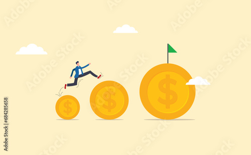 Extensive financial or economic growth. Income or profit from the stock market or investment. Financial guru expert. wealth management. Businessman running on gold coins arranged in a row.