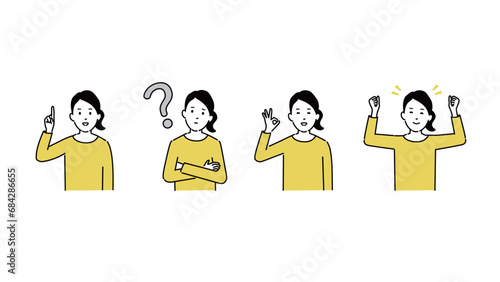 いろいろな表情の20代女性のイラスト、ベクター