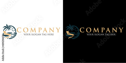 semi-circular sea logo with coconut trees.