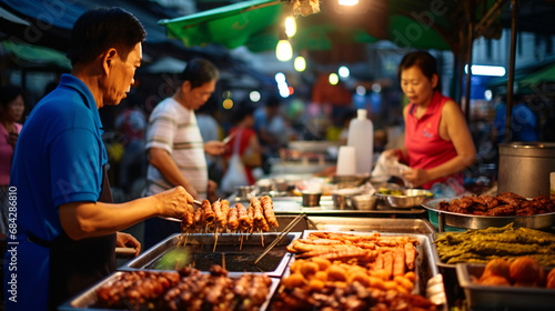 vibrant night market bustling with activity. The key focus is a food stall where various dishes  displayed in a spread of large and small bowls on a table