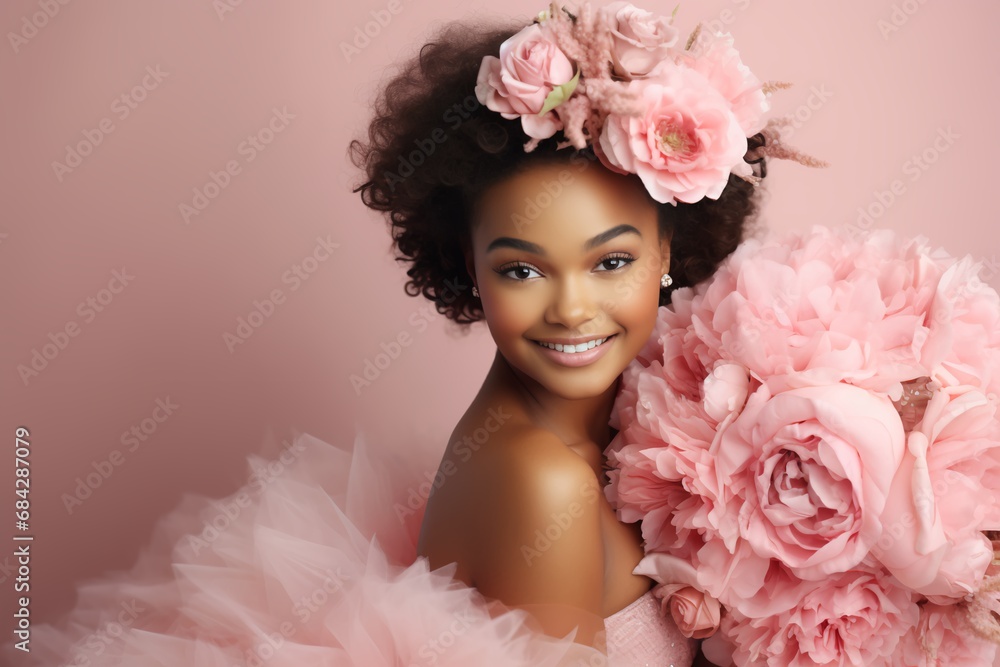  A black-skinned girl with a floral motif in her curly hair on a pink background
