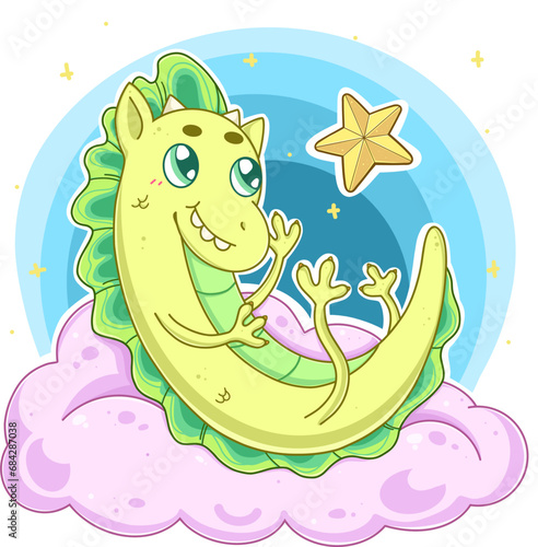 cute green baby dragon on a pink fluffy cloud with many sparkling stars around it and one big golden star