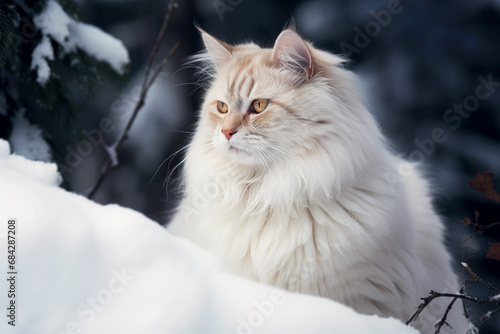 A big white fluffy cat with an attentive look in the snow in winter