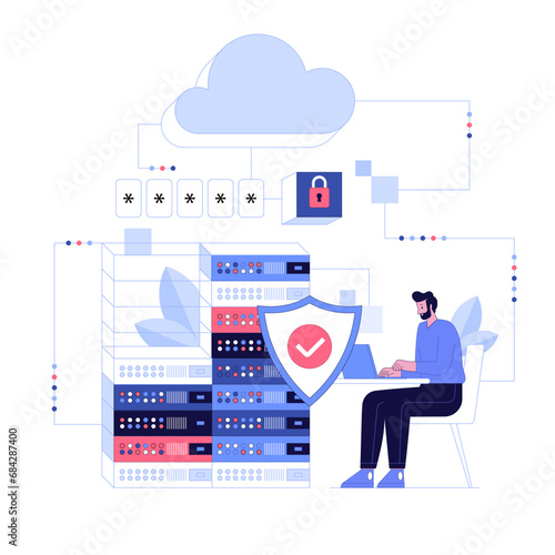 Characters using Cyber Security Services to Protect Personal Data. Database security, phishing, hacker attack concept. Hackers stealing personal data. Flat design illustration vector