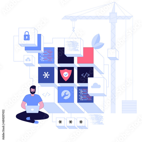 Characters using Cyber Security Services to Protect Personal Data. Database security, phishing, hacker attack concept. Hackers stealing personal data. Flat design illustration vector
