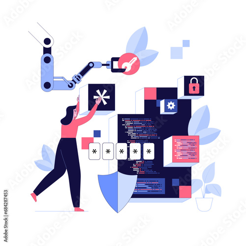 Characters using Cyber Security Services to Protect Personal Data. Database security, phishing, hacker attack concept. Hackers stealing personal data. Flat design illustration vector