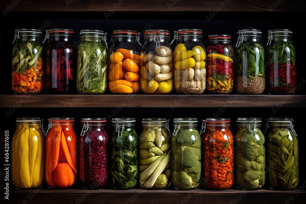 Pickled vegetables in glass jars on shelves Pickled vegetables in glass jars on shelves