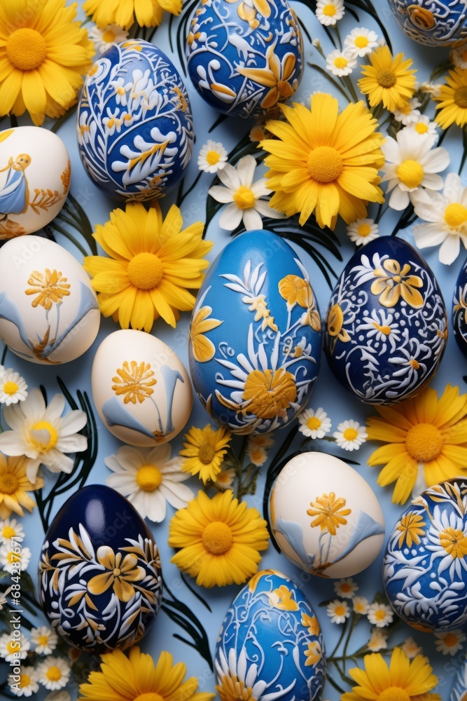 Beautifully hand-painted Easter eggs with intricate patterns surrounded by vibrant yellow daisies on a blue background. Beautifully hand-painted Easter eggs with intricate patterns surrounded by vibrant yellow daisies on a blue background.