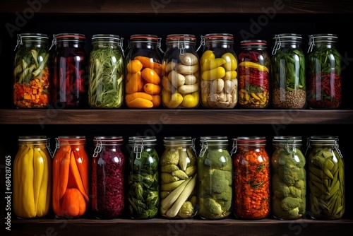 Pickled vegetables in glass jars on shelves