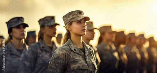 Group of women in military uniforms standing at army ceremony or presentation. Generative AI photo