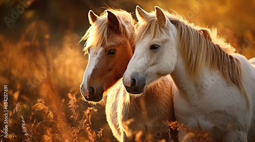 A display of tenderness among beautiful horses in nature at sunset. Agriculture and horse care