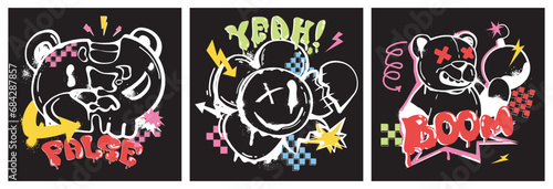 Graffiti posters with spray paint teddy bear and flower in street art style. Covers of slogan print design with outline bears doll with drips, splatters. Hand drawn ink characters on black background.