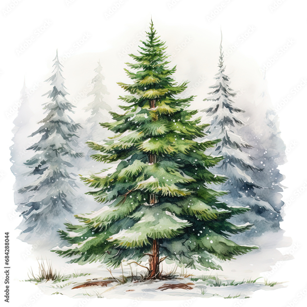 Watercolor Christmas tree isolated on transparent background