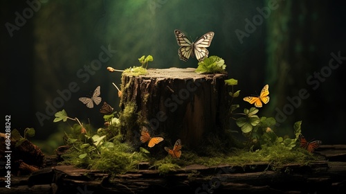 Tree stump in the forest with butterflies, ai generative © Resi