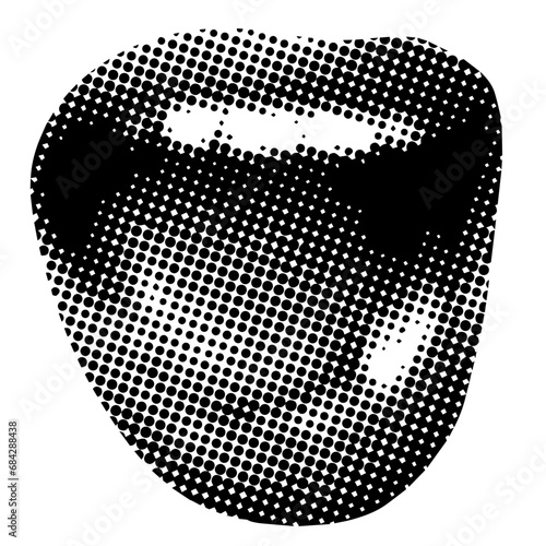 Retro halftone mouth. Modern collage. Woman's smile. Pop art dotted style. Laughing mouth. Trendy vintage newspaper parts. Lips with halftone texture. Paper cutout element. Y2K style. Body part