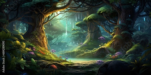 N ancient mystical forest with tall twisted trees background  photo