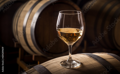 Wine Glass with Chardonnay Grapevine tasting. Vino Degustation in wine cellar with Wine barrels. Winemaking in Winery Barrel room. Wood Wines Barrels In Winery Cellar. Wine Glass on oak barrels. photo