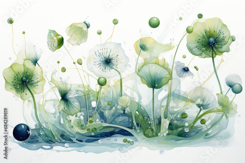Watercolor-inspired drawing featuring vibrant green plants, peculiar fungal elements, and microscopic bacteria. Conveying the depths of the underwater 