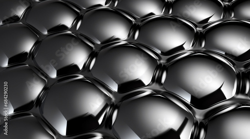 Shiny metallic spheres clustered together, reflecting light and surroundings.
