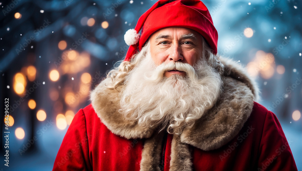 Santa Claus with a red hat and a white beard on a winter Christmas background