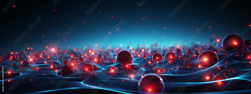 A detailed view highlights proteins appearing like separate small bubbles, intricately linked by fine amino acid threads. - obrazy, fototapety, plakaty 