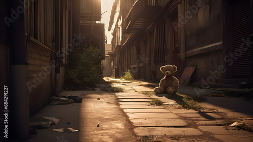 Lost Innocence: A Single Teddy Bear Sits Alone Under the Glow of a Street Lamp in a Desolate AlleyAI generativ
