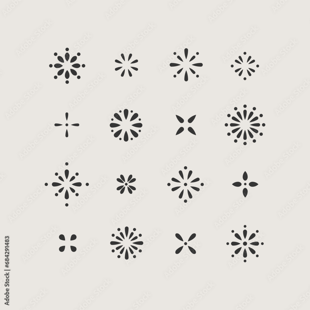 Camomile flower symbol. Set of 16 geometric shape. Modern abstract graphic design elements for packaging, branding, wallpaper, covers and pattern.
