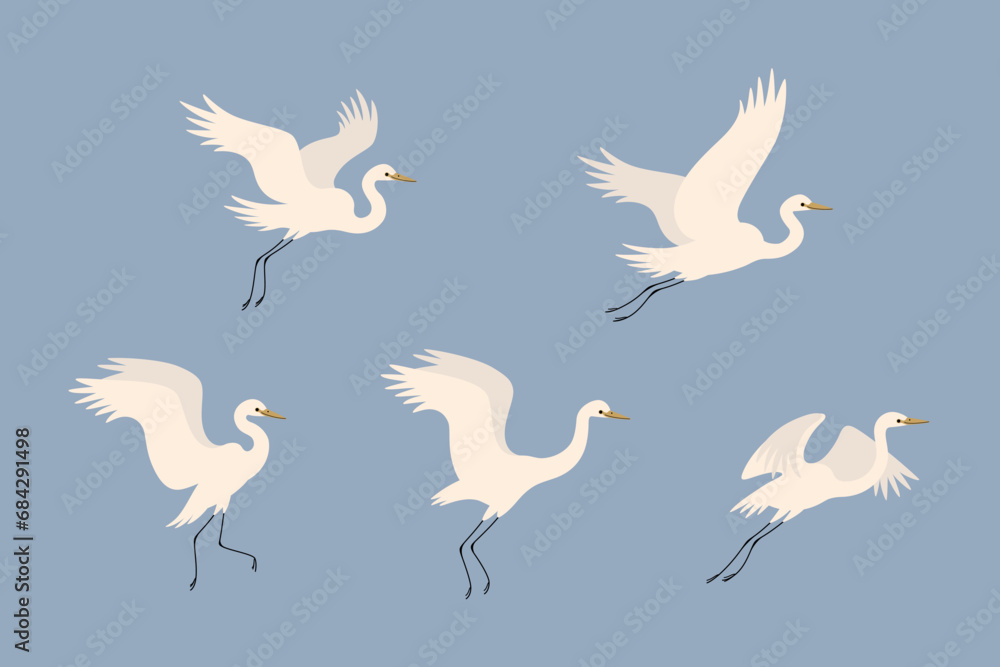 Cartoon heron icon set. Cute bird in different poses. Vector illustration for prints, clothing, packaging, stickers. - obrazy, fototapety, plakaty 