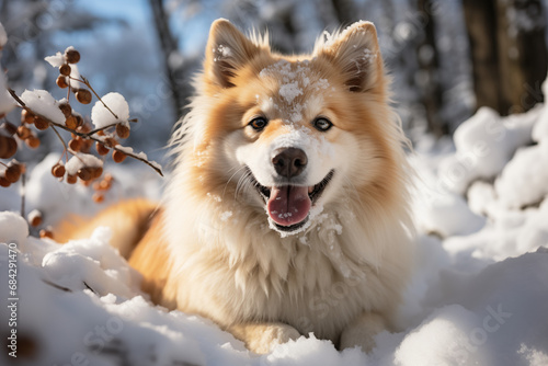 Joyful happy dog playing in the snow © MM