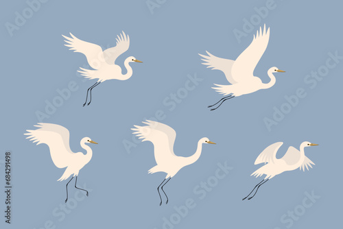 Cartoon heron icon set. Cute bird in different poses. Vector illustration for prints, clothing, packaging, stickers.