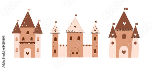 Cartoon medieval castles vector illustration set. Collection fortified palaces, mansions isolated on white background. Fairytale, ancient buildings, fortresses concept. Magic castle vector hand drawn