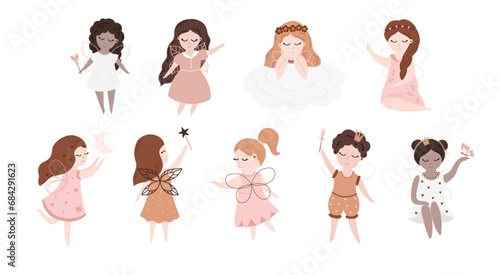 Cute beautiful little fairies set cartoon vector illustration. Baby fairy princess hand drawn illustration. Pastel and delicate colors for children's design