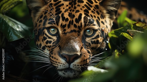Close-up shot of a jaguar surrounded by vegetation © mariokeeneye