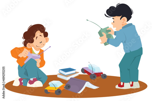 Boys play with radio-controlled cars. Illustration for internet and mobile website.
