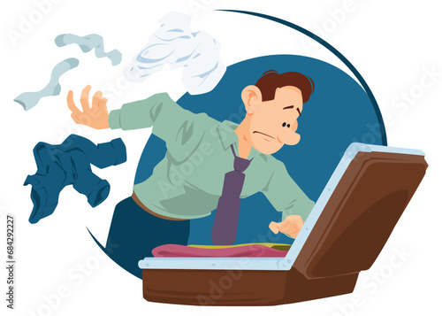 Man rummaging through suitcase. Illustration for internet and mobile website.