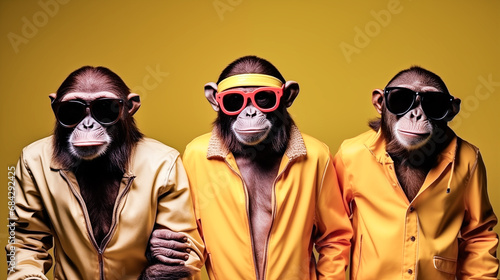 Stylish portrait of dressed up imposing anthropomorphic monkeys wearing glasses. Funny pop art. 