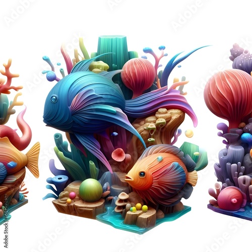 Fish  3d  three-dimensional style  glossy finish  tactile landscape  multi-layered dimensions.