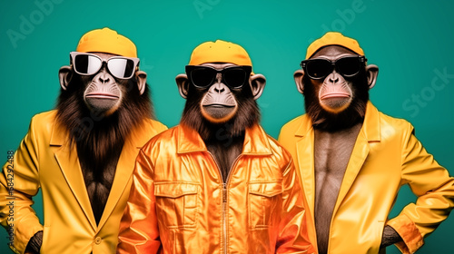 Stylish portrait of dressed up imposing anthropomorphic monkeys wearing glasses. Funny pop art. 
