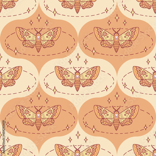 Hawk moth butterfly magic linear seamless pattern with stars. Perfect print for tee, paper, textile and fabric. Doodle vector illustration.