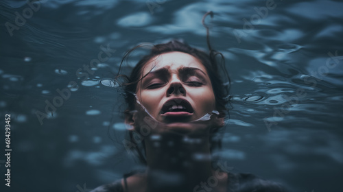 Distressed woman's face partially submerged in water. © RISHAD